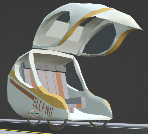 A white pod car with yellow and orange stripes and the word Elcano on the side. The front of the pod car is opened to reveal a gray bench style seat. 