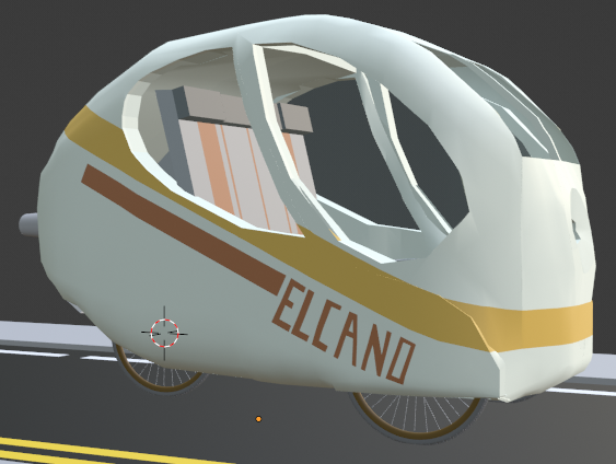 A white pod car with yellow and orange stripes and the word Elcano on the side.