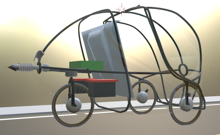The chassis of a pod car. A gray hollow structure on top of three wheels with a coupling mechanism on on end.