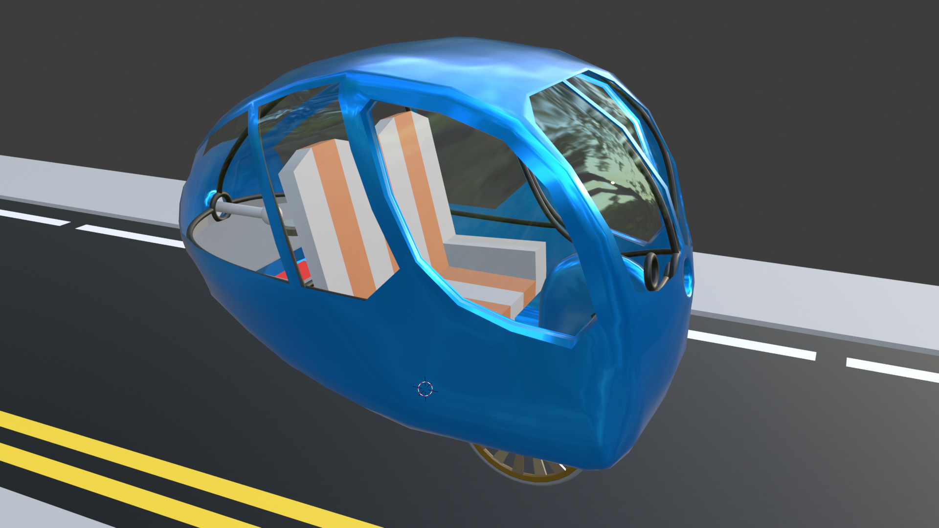 A shiny blue pod car.